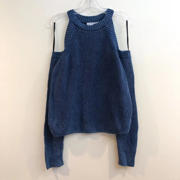 Rag & Bone Navy Cotton Blend Knit Cold Shoulder Navy Crew Neck Sweater FLAWED - Picture 2 of 9
